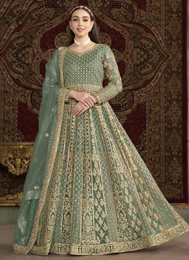 Net Sea Green Wedding Wear Embroidery Work Anarkali Suit